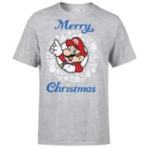 Nintendo Super Mario Mario White Wreath Merry Christmas Grey T-Shirt - L