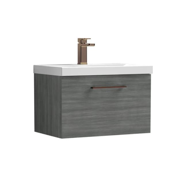 Balterley 600mm Wall Hung 1 Drawer Vanity, Woodgrain Anthracite, Bronze Handle in Grey Grey Unisex