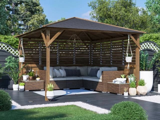 Dunster House Wooden Gazebo Kit Louvre Wall 3M X 3M Pressure Treated Garden Shelter Roof Shingles Utopia