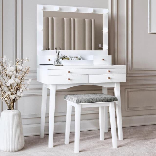 CARME HOME Taylor Dressing Table with Hollywood Mirror LED Lights Glass Tabletop Storage Stool Set in White White Unisex