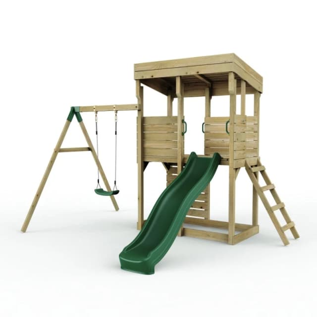 OutdoorToys XL Lookout Tower Playhouse with Single Swing & Slide for Kids in Brown Brown Unisex