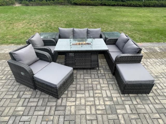 Fimous PE Wicker Outdoor Rattan Garden Furniture Set Propane Gas Fire Pit Table and Sofa Chair set with 2 Side Tables 2 Big Footstool Dark Grey