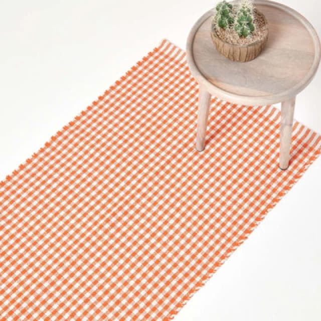 Homescapes Cotton Gingham Check Hand Woven Hall Runner, 66 x 200cm Orange