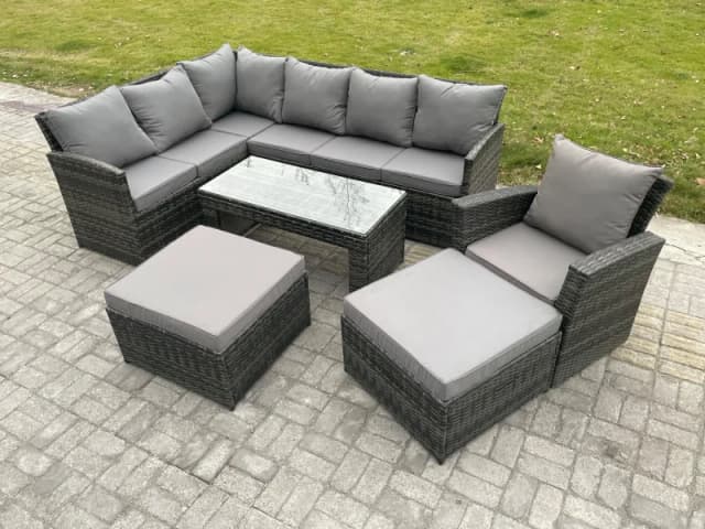 Fimous Rattan Garden Furniture Sets High Back Corner Sofa Oblong Coffee Table Set with 2 Big Footstool Armchair Dark Grey Mixed Dark Grey Unisex