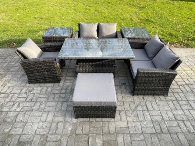 Fimous 7pcs Rattan Outdoor Garden Furniture Set Height Adjustable Rising Lifting Table Sofa Dining Set with 2 Side Tables Big Footstool in Dark Grey D
