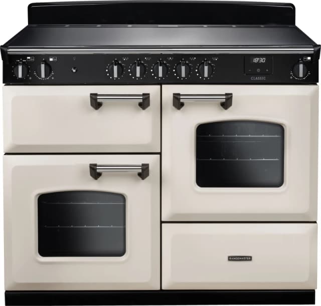 Rangemaster Classic OC CLO110EIPPCR/CM1 110cm wide Electric Range Cooker with Zone induction hob Hob - Cream / Antique Brass - A Rated