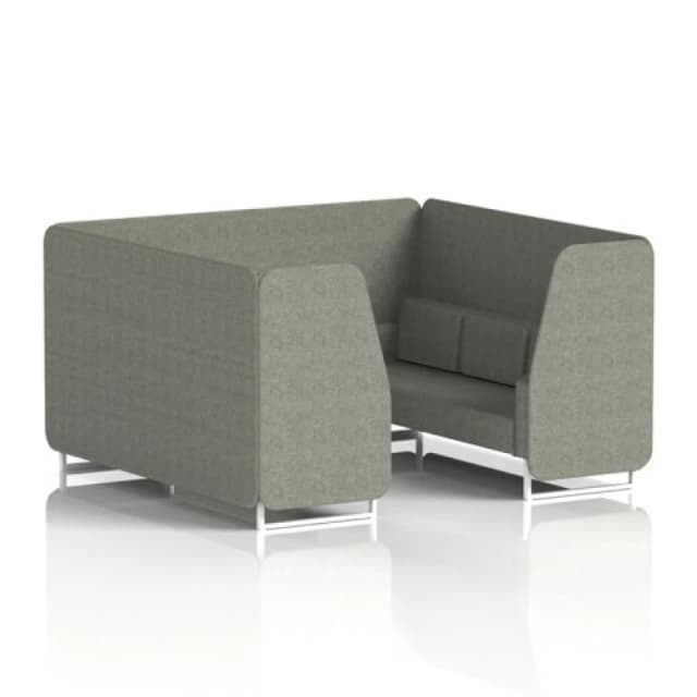 Brixworth 6 Seater Office Booth with Front Panel - White Legs in Rivet Fabric - Vitreous Panels and Sofa