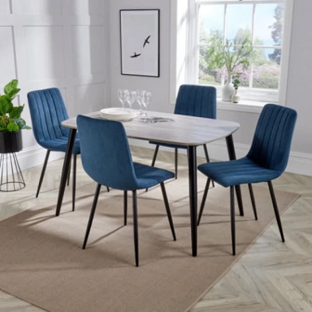 Core Products Aspen Grey Oak Effect 120Cm Rectangular Dining Table With 4 Blue Cord Fabric Straight Stitch Design Chairs