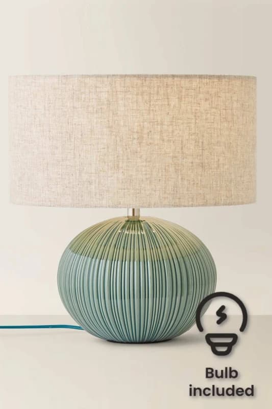 ValueLights ValueLights Rebecca Green Ribbed Ceramic Table Lamp with Linen Drum Shade and Bulb in Dark Green Dark Green One Size Unisex 5059406071102