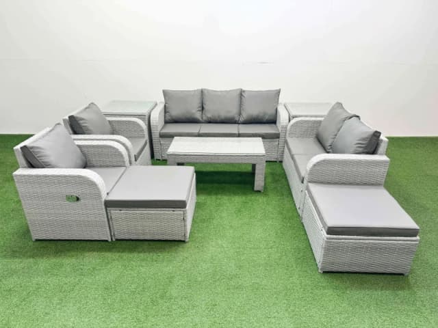Fimous PE Rattan Garden Furniture Set Adjustable Chair Sofa Double Love Seat 2 Seater Sofa Lounge Set Rectangular Coffee Table 2 Big Footstool 2 Side