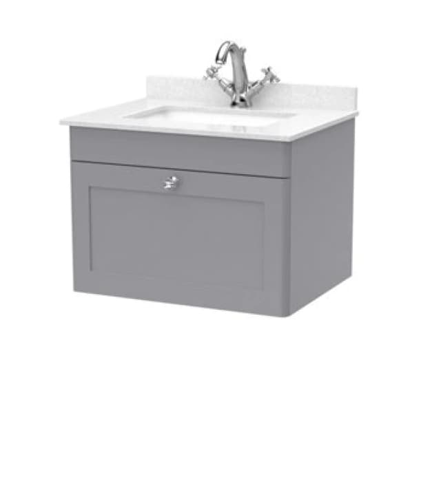 Nuie Classique Wall Hung 1 Drawer Vanity Unit & 1 Tap Hole White Marble Top With Square Basin, Contemporary Sink Vanity Unit In