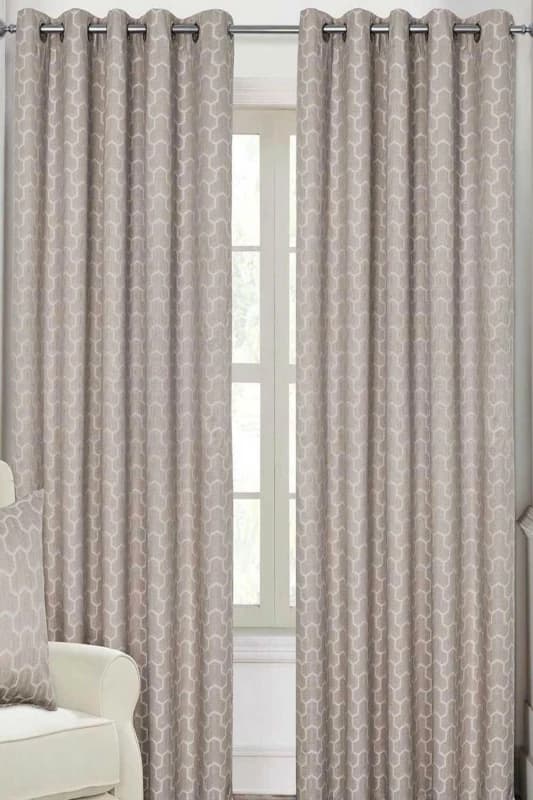 Homescapes Natural Geometric Jacquard Blackout Eyelet Curtain Pair, 90 X 72"