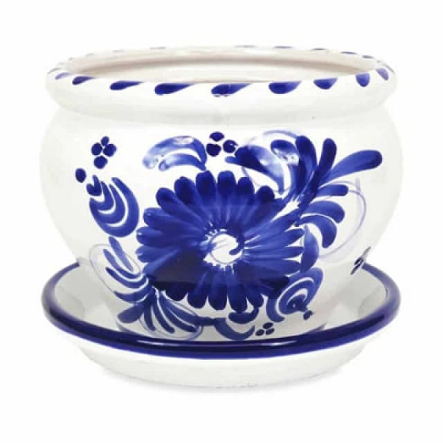 Verano Spanish Ceramics Blue Floral Hand Painted Outdoor Garden Bola Pot & Drainage Plate (D) 25cm Blue unisex