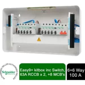 Schneider Electric - Easy9+ EZ9ER6R6MRE Consumer Unit 6+6 100A 2x 63A RCD 8x MCB