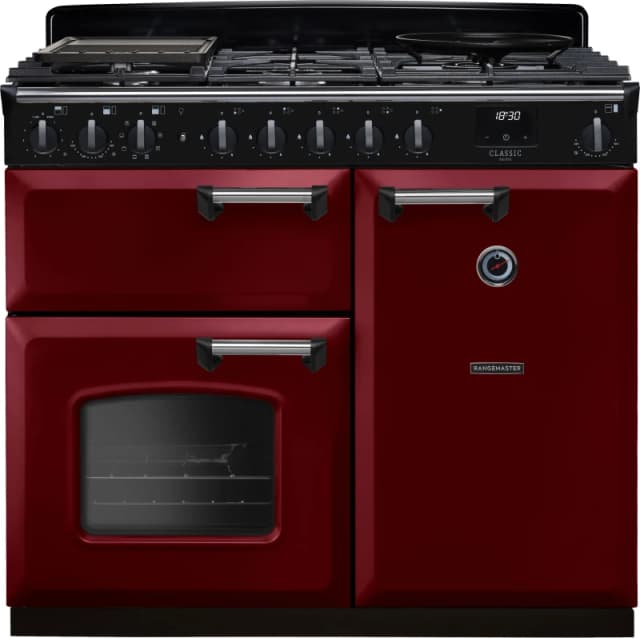 Rangemaster Classic Deluxe 100 Dual Fuel CLDL100DFPBOR/CM1 100cm wide Dual Fuel Range Cooker with Gas Hob - Bordeaux / Chrome - A/A Rated