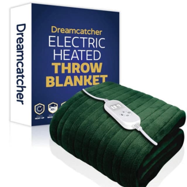 Dreamcatcher Deluxe Xl Electric Throw Heated Double Over Blanket Soft Fleece 9 Heat & 12Hr Timer Settings - Green