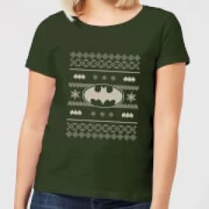 DC Batman Knit Pattern Womens Christmas T-Shirt - Forest Green - L