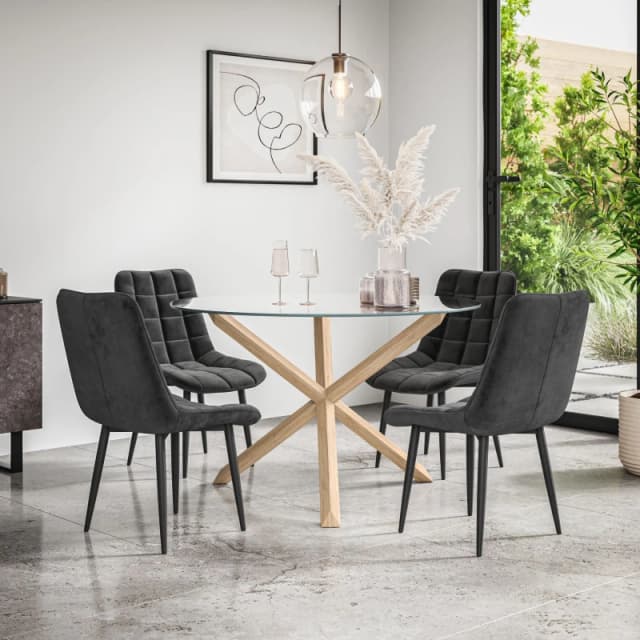 More4Homes Malvern Round Dining Table And Chairs - Clear Glass Table Top W Solid Oak Legs + Nova Velvet Dining Chair Set Of 4 (Black)