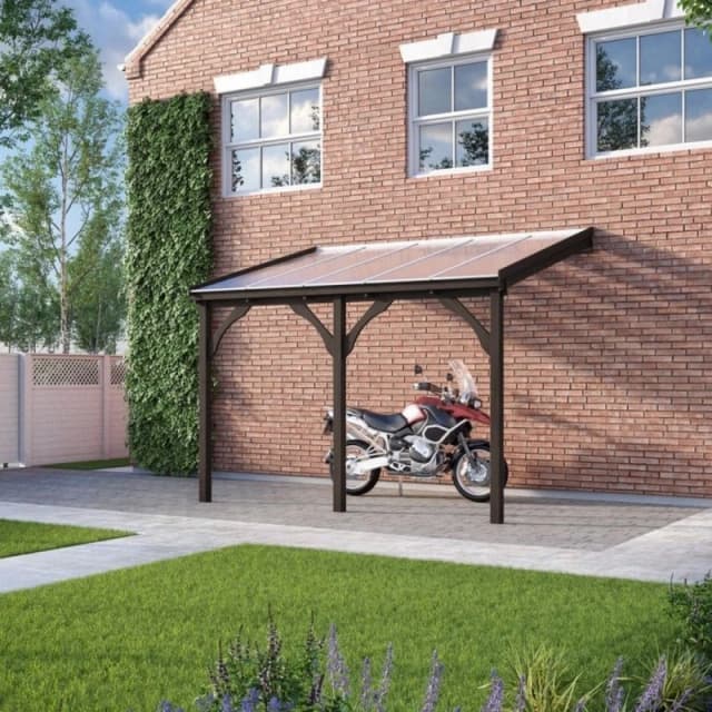 Polycarbonate Roof Car Port 3 Post - Wood - L200 X W434cm - Rustic Brown