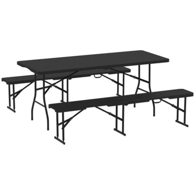 Outsunny Rattan Effect Folding Picnic Table and Bench Set w/ Handles, Black Black