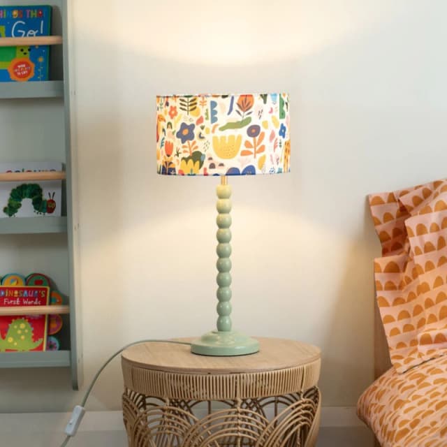 ValueLights Bobbins Sage Green Table Lamp with Fabric Jungle Drum Lamp Shade with LED Bulb Multi