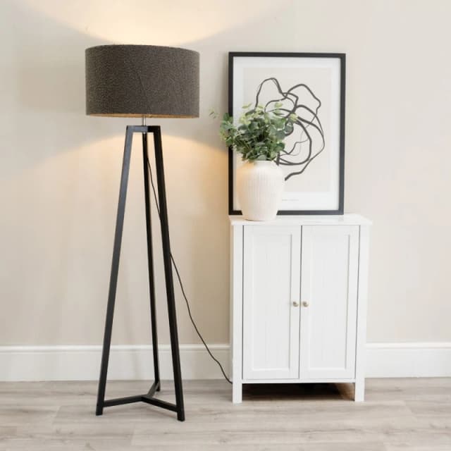 ValueLights Lottie Black Wood Tripod Floor Lamp with Boucle Drum Shade Charcoal