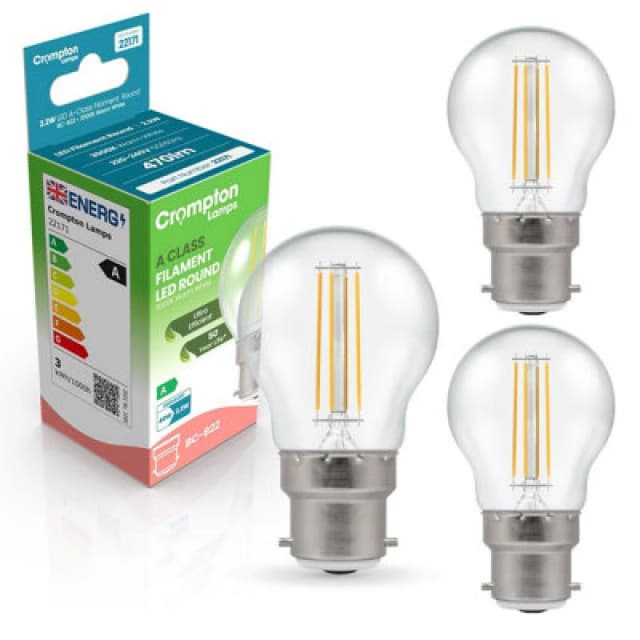 Crompton Lamps LED Ultra-Efficient Golfball 2.2W B22 A-Class Warm White Clear (40W Eqv)