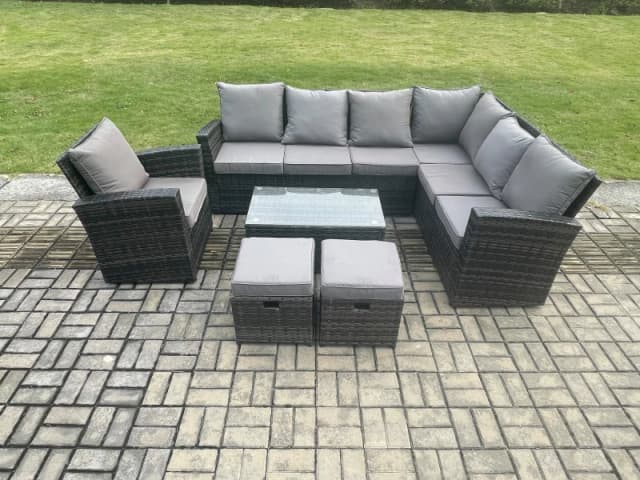 Fimous Wicker PE Outdoor Garden Furniture Set High Back Rattan Corner Sofa Set with Arm Chair Rectangular Coffee Table 2 Small Footstools in Dark Grey