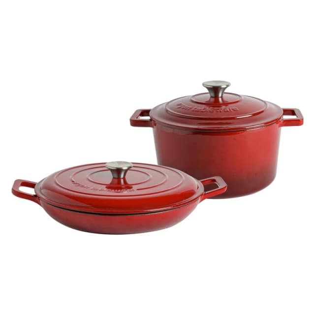 Argon Tableware 2pc Cast Iron Casserole Dish Set with Self-Basting Lids 2.3L & 4.68L in Red Red Unisex