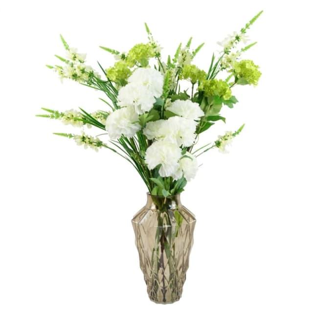 Leaf Leaf 80cm White Artificial Carnation and Larkspur in Glass Vase Green