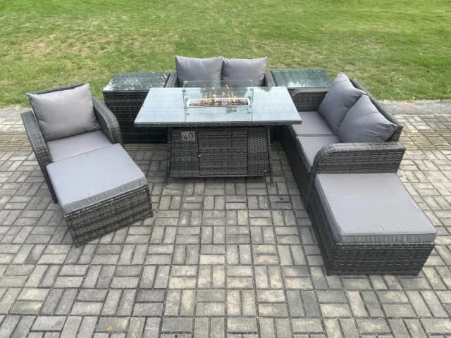 Fimous Outdoor Sofa Rattan Garden Furniture Set Patio Gas Fire Pit Dining Table and Reclining Chair set with 2 Side Tables 2 Big Footstool Dark Grey