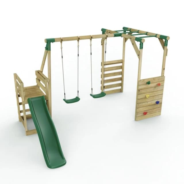 Rebo Wooden Double Swing Set with Monkey Bars and Slide - Venus Green Green
