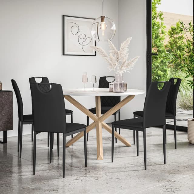 More4Homes Malvern Round Dining Table And Chairs - Marble Table Top W Solid Oak Legs + Monza Faux Leather Dining Chair Set Of 6 (Black)