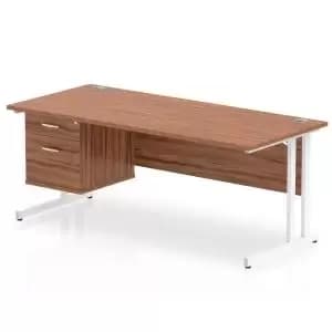 Impulse 1800 Rectangle White Cant Leg Desk WALNUT 1 x 2 Drawer Fixed