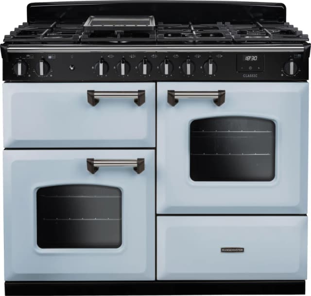 Rangemaster Classic OC CLO110DFPMSB/CM1 110cm wide Dual Fuel Range Cooker with Gas Hob - Misty Blue / Chrome - A Rated
