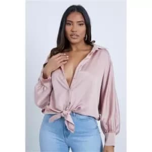 I Saw It First Nude Tie Front Satin Shirt - Brown