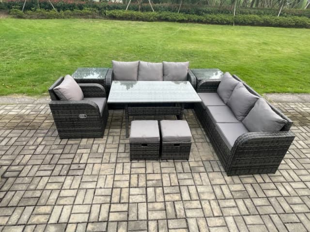 Fimous Outdoor Rattan Garden Furniture Set Oblong Dining Table & Chairs Set with 3 Seater Sofa Small Footstools Side Tables Dark Grey Mixed Dark Grey
