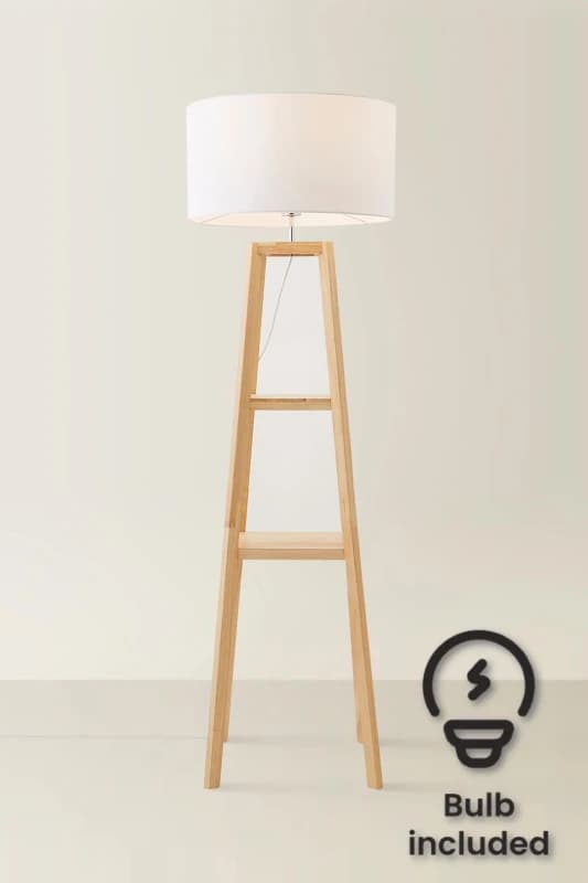 ValueLights Wakefield Quad Base Two Shelf Wooden Floor Lamp with Fabric Shade and LED Bulb White