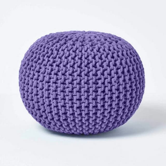Homescapes Round Cotton Knitted Pouffe Footstool Purple
