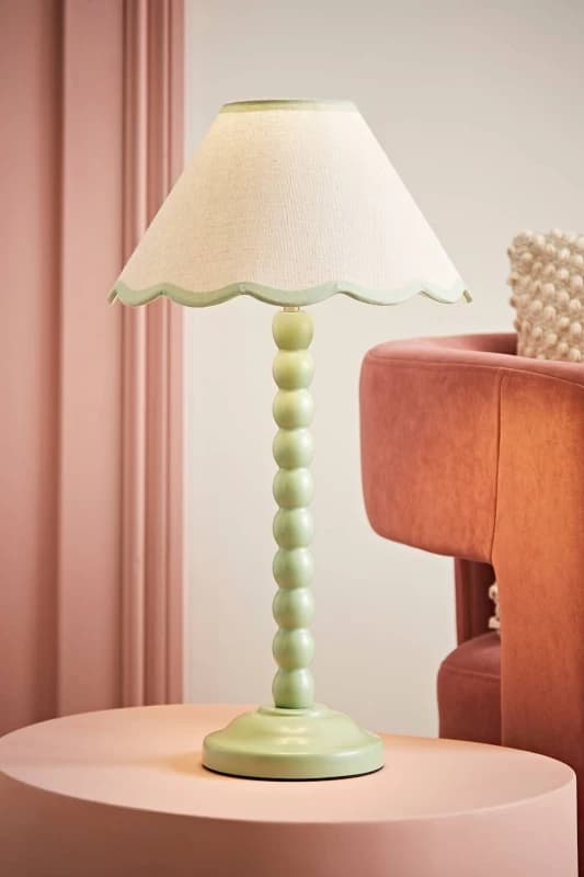 ValueLights Bobbins Sage Green Table Lamp with Tapered Natural Linen Scallop Shade Green