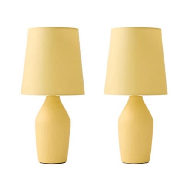 ValueLights Arlo Pair of Compact Ceramic Table Lamps with Fabric Shades Yellow