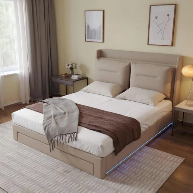 Urban Meuble Upholstered Bed Frame with Storage Drawers Beige unisex One Size