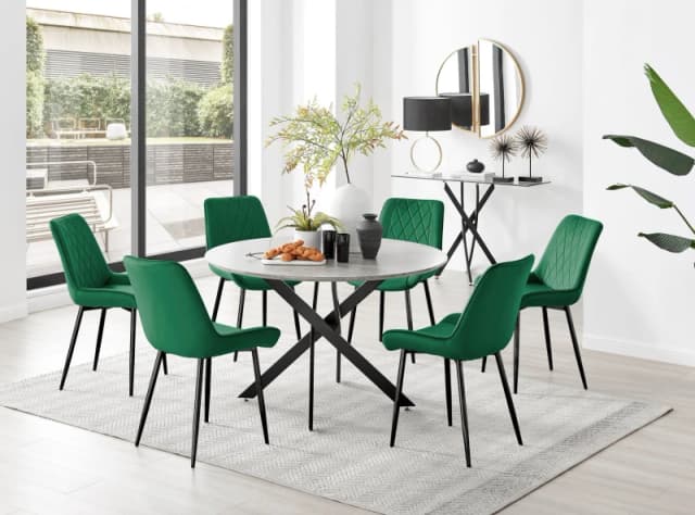 FurnitureboxUK FurnitureboxUK Novara Grey Concrete Effect Black Leg 120cm Round Dining Table & 6 Pesaro Black Leg Chairs in Green Green One Size Unise