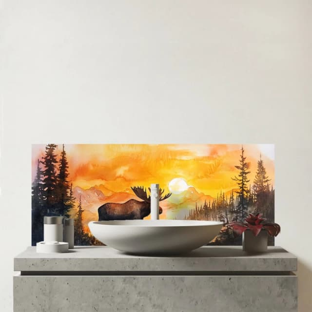 Warren Reed - Designer Watercolour Moose At Sunset Glass Bathroom Splashback Multicolor Unisex
