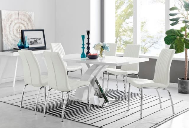 FurnitureboxUK FurnitureboxUK Atlanta Modern Rectangle Chrome Metal High Gloss White Dining Table And 6 Isco Chairs Set in Off White Off White One Siz