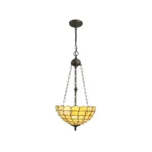 3 Light Uplighter Ceiling Pendant E27 With 40cm Tiffany Shade, Beige, Clear Crystal, Aged Antique Brass