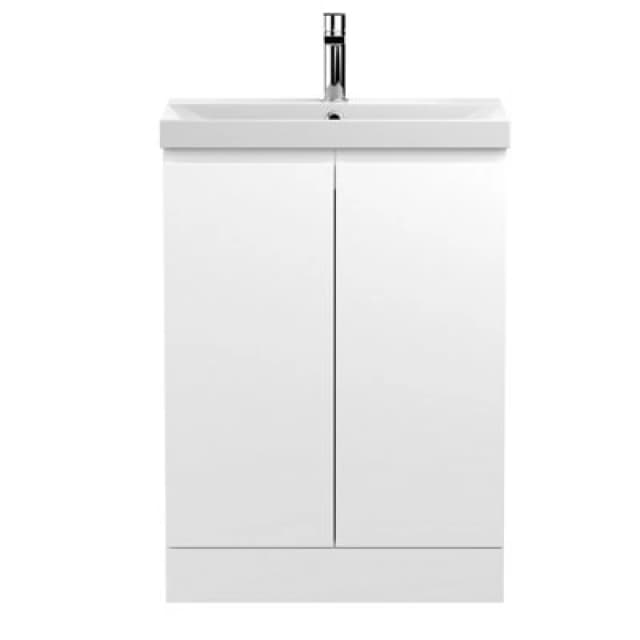 Nuie Hudson Reed Urban Floor Standing 2 Soft Close Door Vanity Unit With Thin-Edge Basin, Modern Vanity Unit In Satin White, 600mm