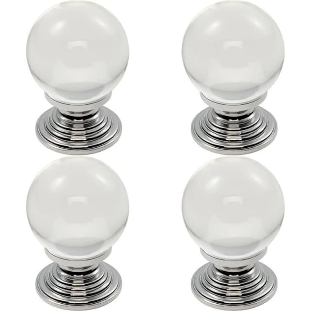 Loops 4x Crystal Ball Cupboard Door Knob 30mm Diameter Clear Translucent & Chrome Multi unisex