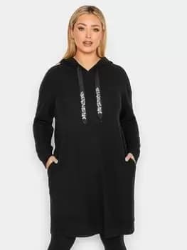 Yours Embellished Tie Rib Hoodie Dress - Black, Size 20, Women