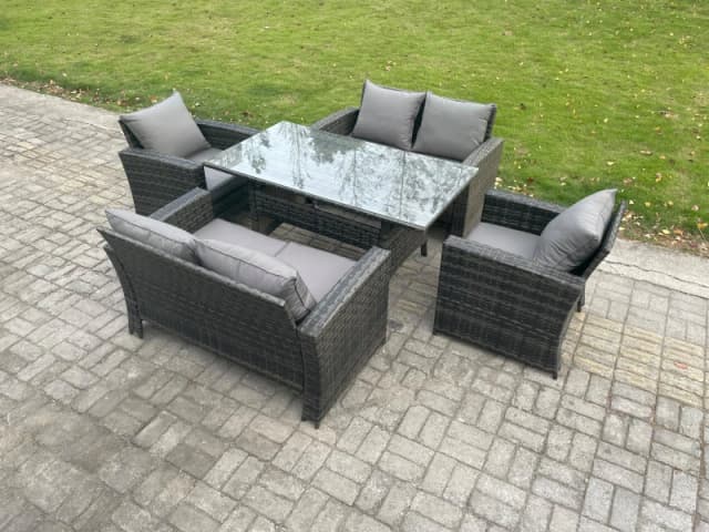 Fimous Rattan Garden Furniture Set 6 Seater Patio Outdoor Lounge Sofa Set with Oblong Dining Table Double Seat Sofa Dark Grey Dark Grey Unisex